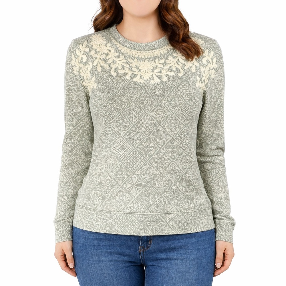 Lucky Brand Sweater Womens M Cotton Embroidered NOVELTY MINT Cottagecore Boho